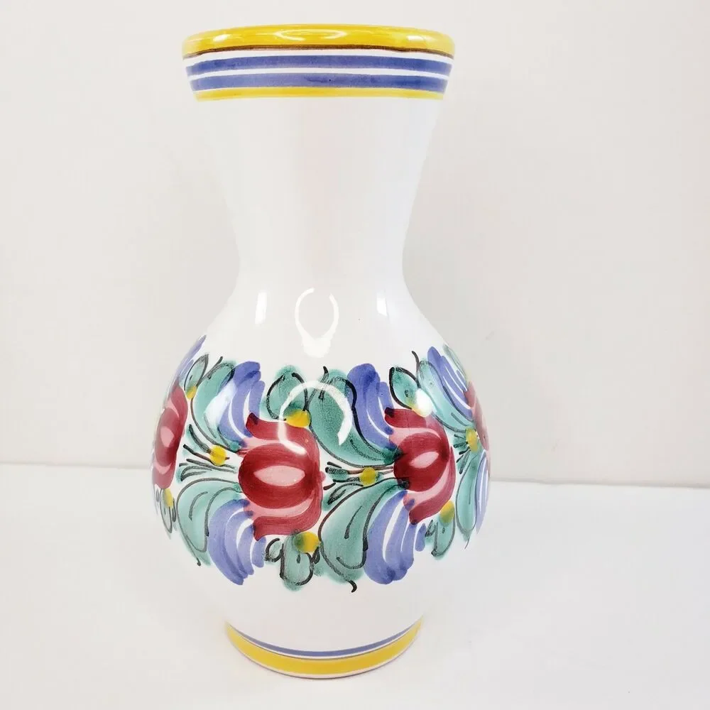 Italian Pottery Floral Vase Pink Flowers Yellow Blue Stripes Tuscan Old World